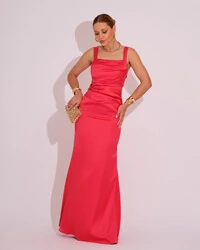 Vestido Longo de Festa Cetim Alfaiataria Drapeado Sereia Coral