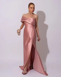 Vestido de festa Longo Zibeline Faixa Drapeada Ombro e Fenda Rose