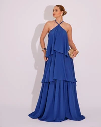 Vestido Longo Babado em Camadas Azul Royal