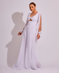 Vestido de Festa Longo com Mangas Longas Cintura Drapeada Branco