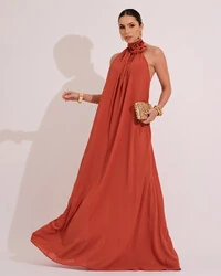 Vestido Longo Crepe Chiffon Frente Única Fluido Flor Removível Terracota