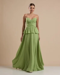 Vestido de Festa Longo Crepe Chiffon Tomara que Caia Peplum Drapeado Verde Garden