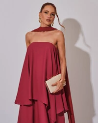 Vestido de Festa Longo Chiffon Crepe em Camadas com Lenço Cereja