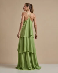 Vestido Longo Babado em Camadas Verde Garden