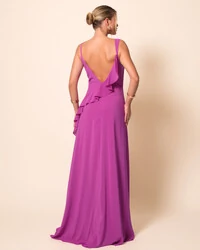 Vestido de Festa Longo Crepe Chiffon Degagê com Fenda e Babado Cascata Fúcsia