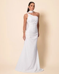 Vestido de Festa Longo Alafataria Um Ombro Só Detalhe Drapeado Branco