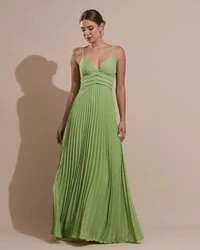 Vestido de Festa Longo Plissado Crepe Chiffon com Alça e Lenço Verde Garden