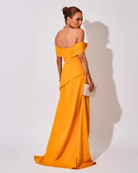 Vestido de Festa Longo Alfaiataria Ombro a Ombro Drapeado com Fenda Laranja manga