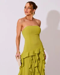 Vestido de festa Longo Tomara que Caia Crepe Chiffon com Bababos Cascata e Fenda Verde Pistache