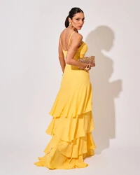 Vestido Longo Crepe com Babado em Camadas Amarelo