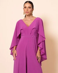 Macacão de Festa Longo Crepe Chiffon com Capa Fúcsia