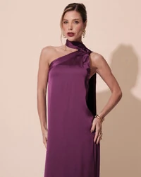 Vestido de Festa Longo Cetim Fluido Um Ombro Só Roxo