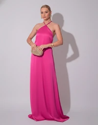 Vestido Longo de Cetim com Decote Triangular e Amarração nas Costas Degagê Pink