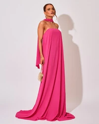 Vestido de Festa Longo Crepe Tomara que Caia com Lenço Pink