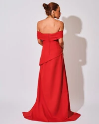 Vestido de Festa Longo Alfaiataria Ombro a Ombro Drapeado com Fenda Vermelho