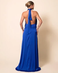 Vestido de Festa Longo Cetim Fluido Frente Única Degagê Mil Formas Azul Royal