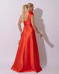 Vestido de Festa longo Zibeline Decote em V com Flores Removível Laranja