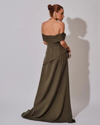 Vestido de Festa Longo Alfaiataria Ombro a Ombro Drapeado com Fenda Verde Oliva