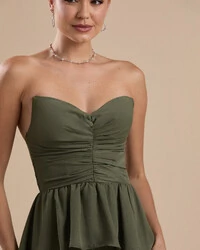 Vestido de Festa Longo Crepe Chiffon Tomara que Caia Peplum Drapeado Verde Oliva