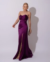 Vestido de Festa Longo Cetim Alfaiataria Tomara que Caia Fenda Roxo
