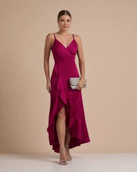 Vestido Midi Babado Acetinado Beterraba