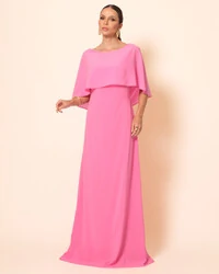 Vestido de Festa Longo Crepe Chiffon com Capa e Degagê nas Costas Rosa