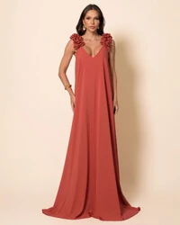 Vestido de Festa Longo Crepe Chiffon Fluido Decote em V Flores Terracota