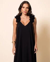 Vestido de Festa Longo Crepe Chiffon Fluido Decote em V Flores Preto