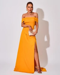 Vestido de Festa Longo Alfaiataria Ombro a Ombro Drapeado com Fenda Laranja manga