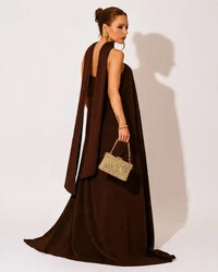 Vestido de Festa Longo Crepe Tomara que Caia com Lenço Marrom