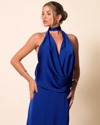 Vestido de Festa Longo Cetim Fluido Frente Única Degagê Mil Formas Azul Royal New