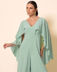 Macacão de Festa Longo Crepe Chiffon com Capa Verde Menta