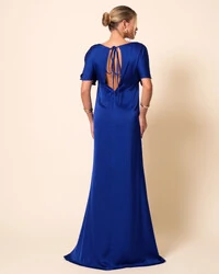 Vestido de Festa Longo Cetim Fluido Manga Curta Drapeado Azul Royal New