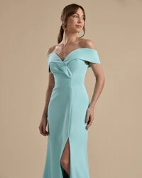 Vestido de Festa Longo Alfaiataria Ombro a Ombro com Fenda Tiffany