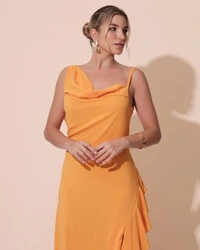 Vestido de Festa Longo Crepe Chiffon Degagê com Fenda e Babado Cascata Laranja Manga