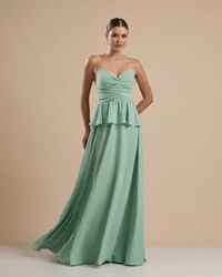 Vestido de Festa Longo Crepe Chiffon Tomara que Caia Peplum Drapeado Verde Menta