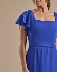 Vestido de Festa Longo Crepe Chiffon Manga Babado e Fenda Azul Royal