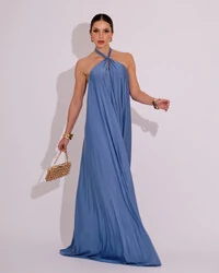 Vestido Longo com Amarração em Malha Azul