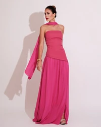 Vestido de Festa Longo Tomara que Caia Alfaiataria e Saia Crepe Chiffon e Lenço Pink