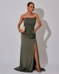 Vestido Longo Tomara que Caia Malha Fenda Verde Oliva
