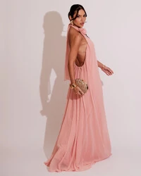 Vestido Longo Crepe Frente Única Fluido Flor Removível Rosa