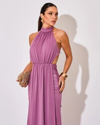 Vestido de Festa Longo Malha Jersey Gola Alta Saia Sereia Lilás