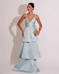 Vestido de Festa Longo Zibeline em Camadas Decote em V com Alças Tiffany