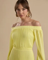 Vestido de Festa Longo Crepe Chiffon Plissado Ombro a Ombro Amarelo Manteiga