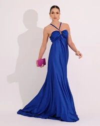 Vestido de Festa Longo Cetim Fluido Frente Única Costa Cruzada Azul Royal