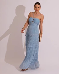 Vestido de Festa Longo Tule com Saia Babado Azul Serenity