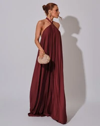 Vestido Longo com Amarração em Malha Marsala Escuro