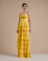 Vestido Longo Crepe Chiffon Tomara que Caia Plissado em Camadas Amarelo
