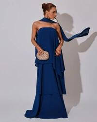 Vestido de Festa Longo Chiffon Crepe em Camadas com Lenço Azul Royal