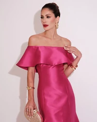 Vestido de Festa Longo Ombro a Ombro Zibeline com Babado Pink